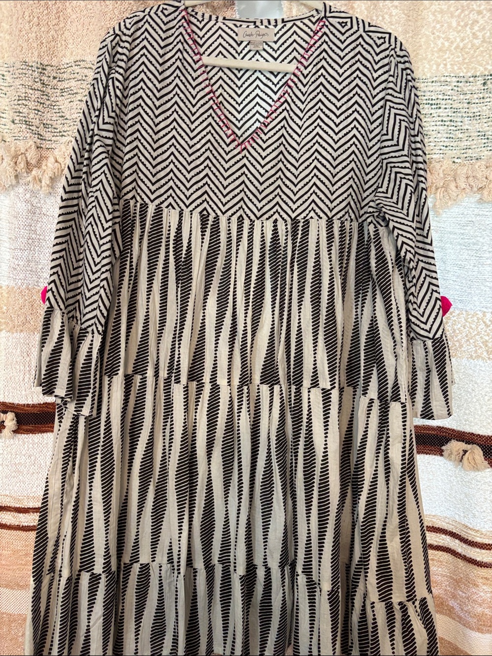 Charlie Paige Black and White Chevron Tiered Dress with Pink Accents